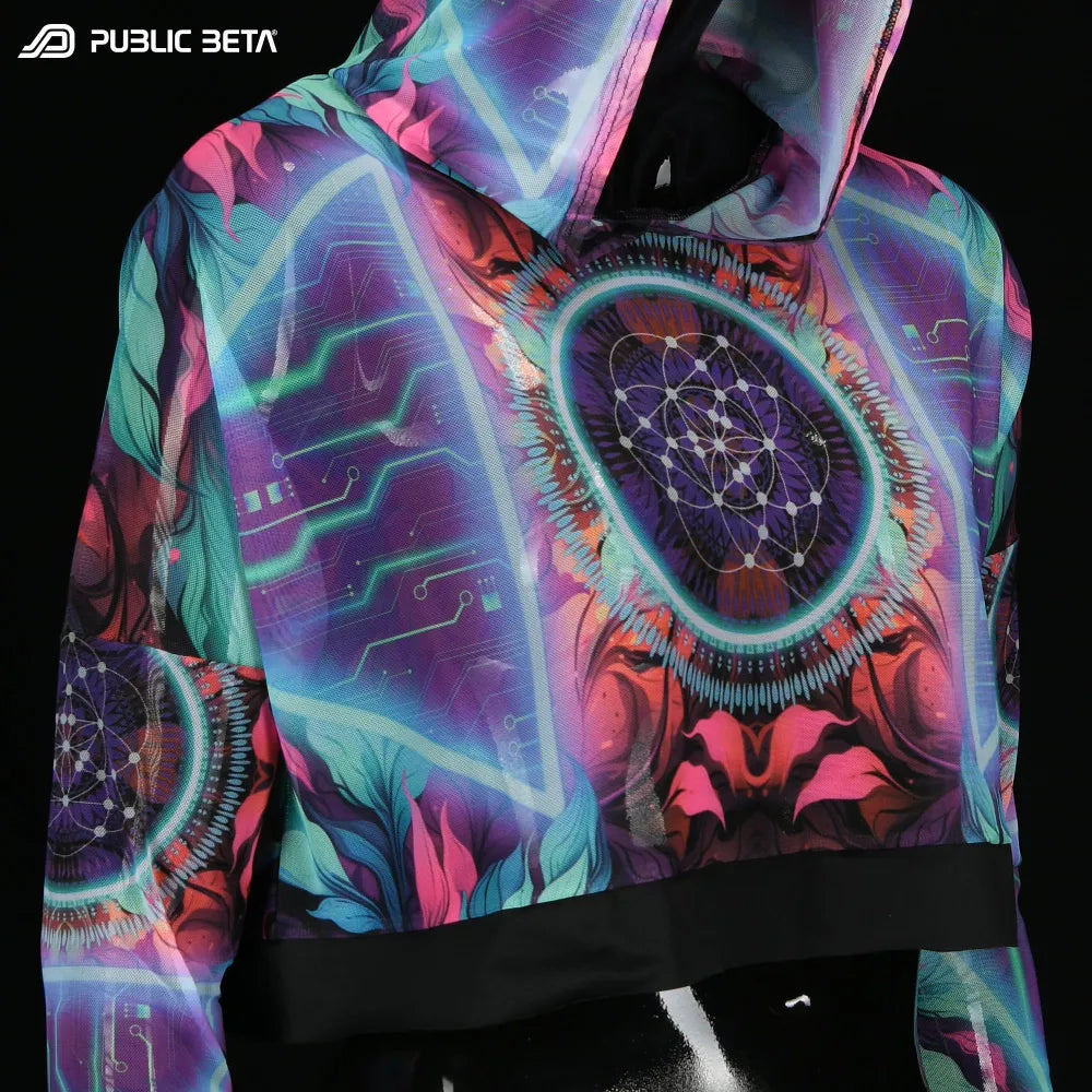 Close up of a Hooded Mesh Top with UV-reactive psychedelic print 