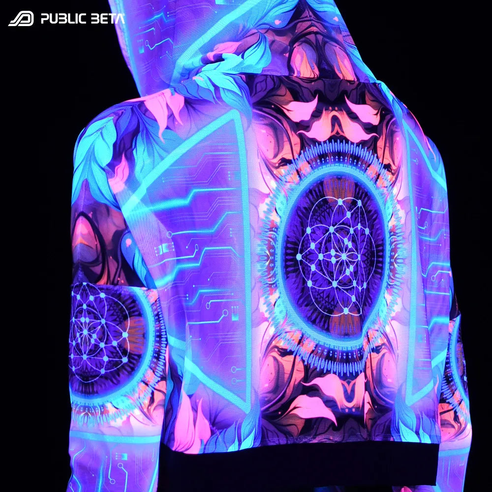 Hooded Mesh Top with UV-reactive psychedelic print glowing under blacklight back view