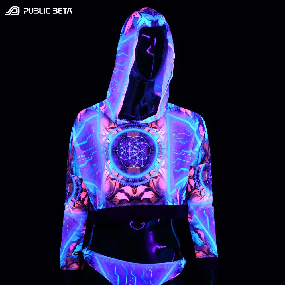 Hooded Mesh Top with UV-reactive psychedelic print glowing under blacklight 