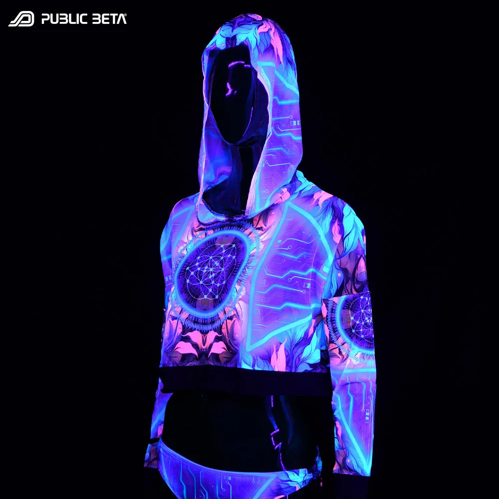Hooded Mesh Top with UV-reactive psychedelic print glowing under blacklight 