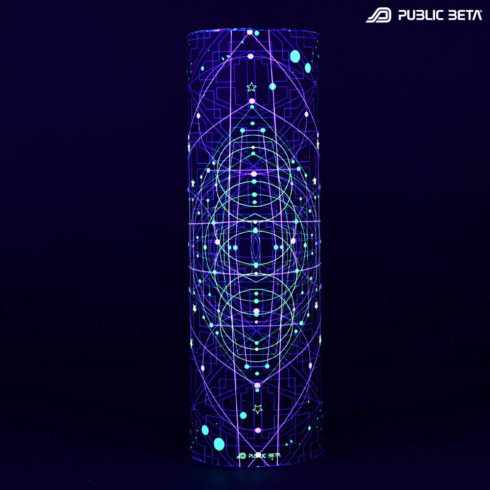 Tube scarfwith geometric UV-reactive graphics glowing under blacklight