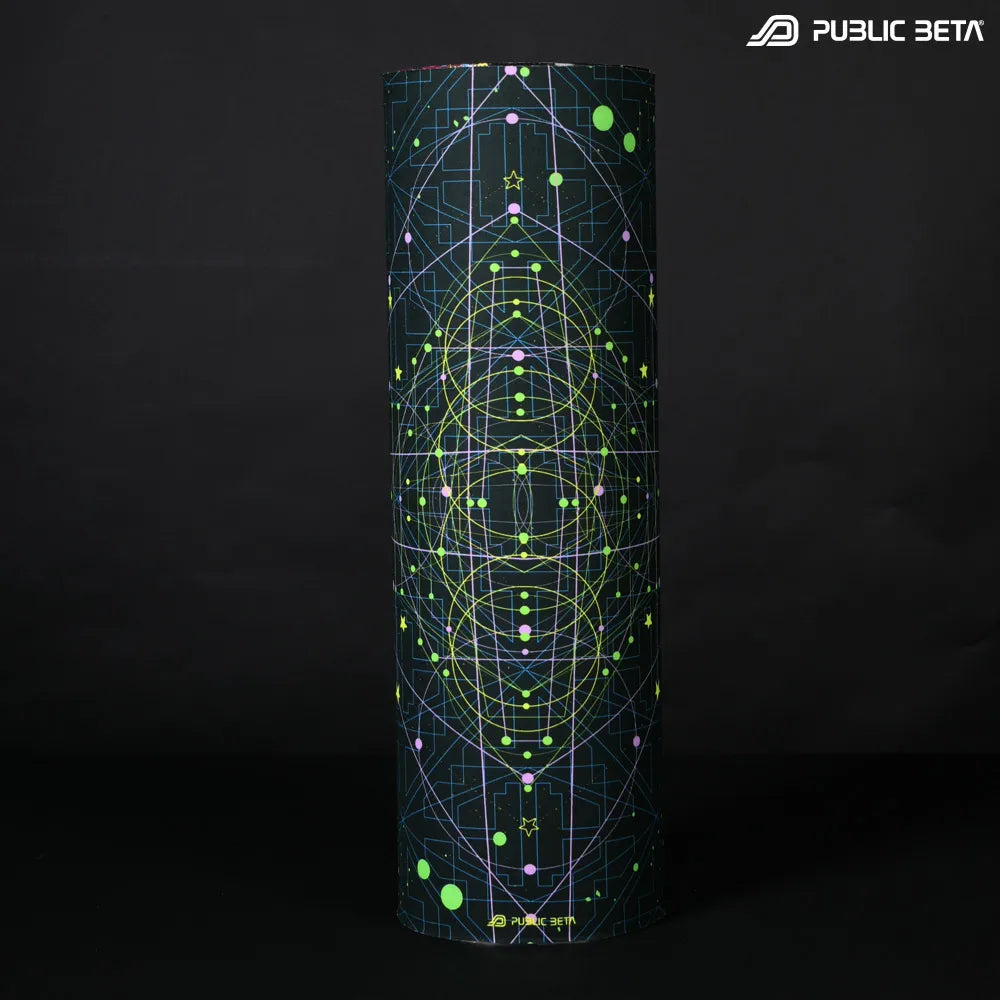 Tube scarf  with geometric UV-reactive graphics, photographed in natural light