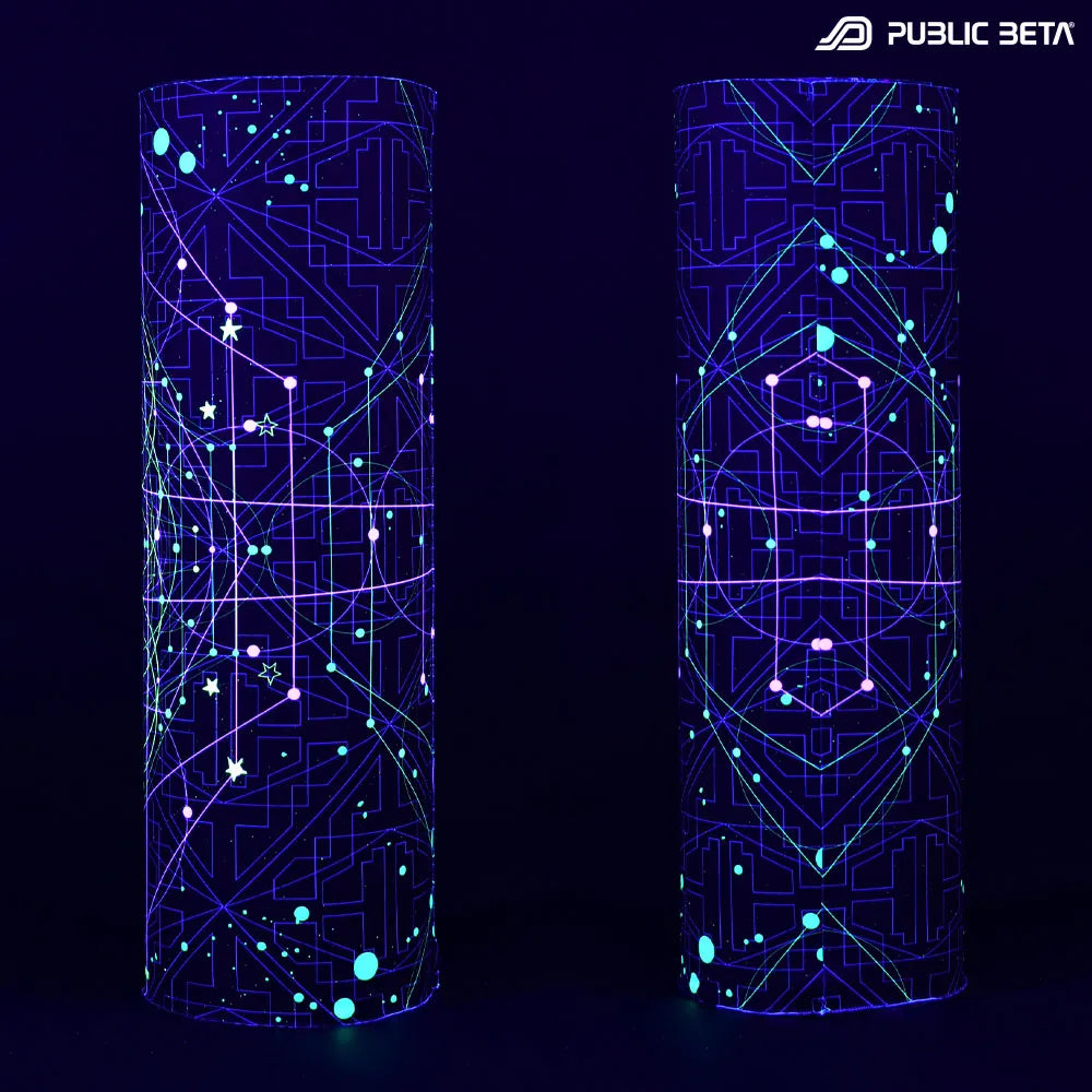 Tube scarfwith geometric UV-reactive graphics glowing under blacklight