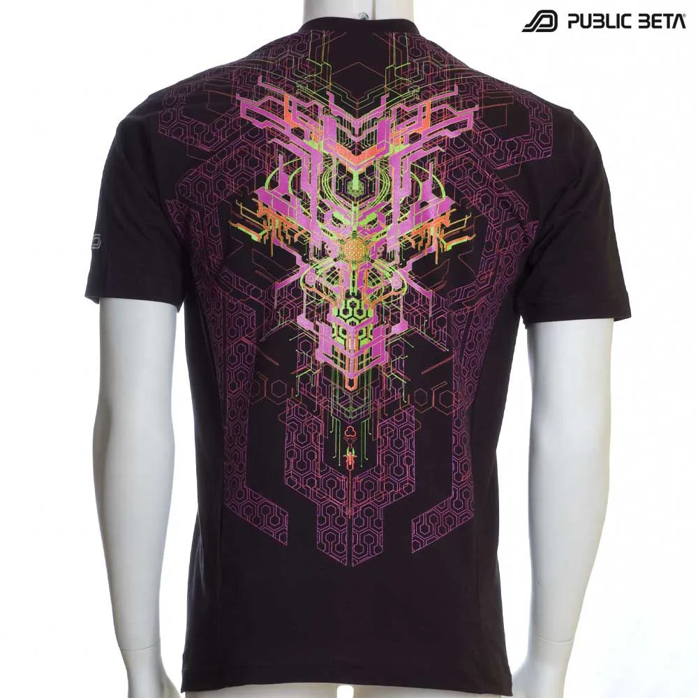 T-shirt with UV-reactive futuristic graphics, photographed in natural light