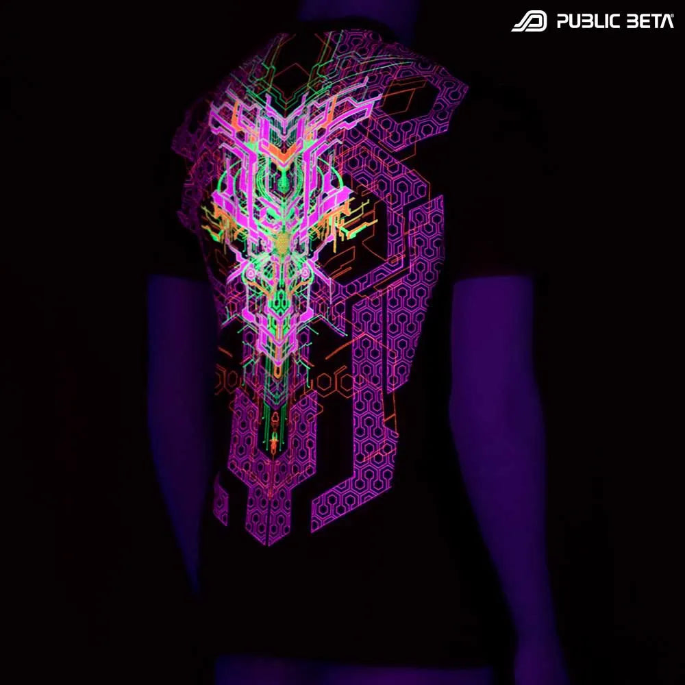 T-shirt with UV-reactive futuristic print glowing under blacklight