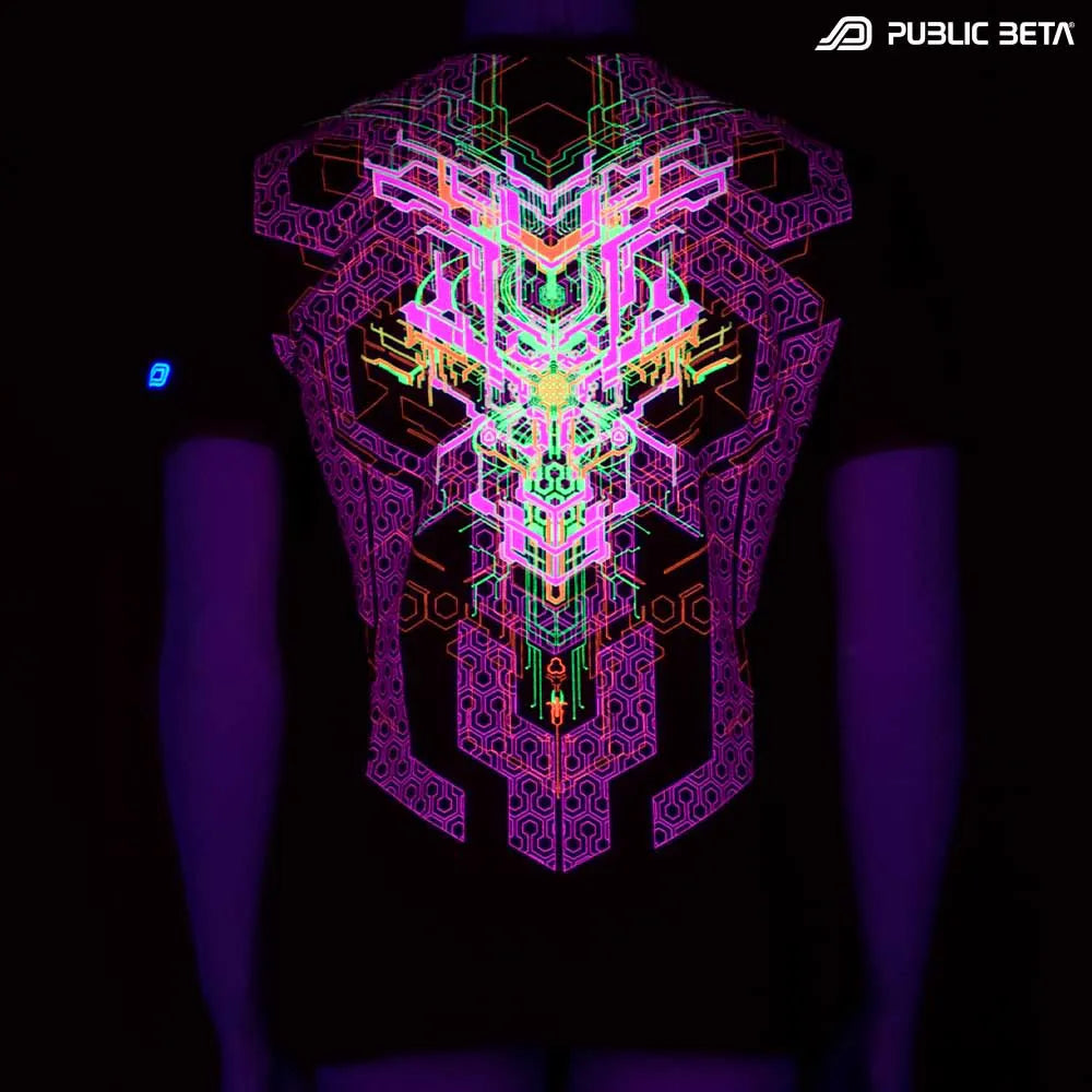 T-shirt with UV-reactive futuristic print glowing under blacklight
