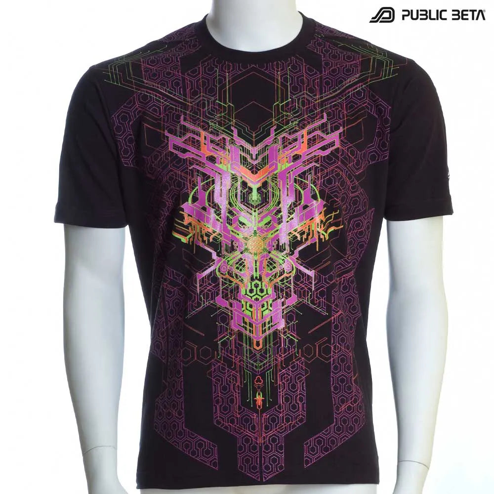 T-shirt with UV-reactive futuristic graphics, photographed in natural light