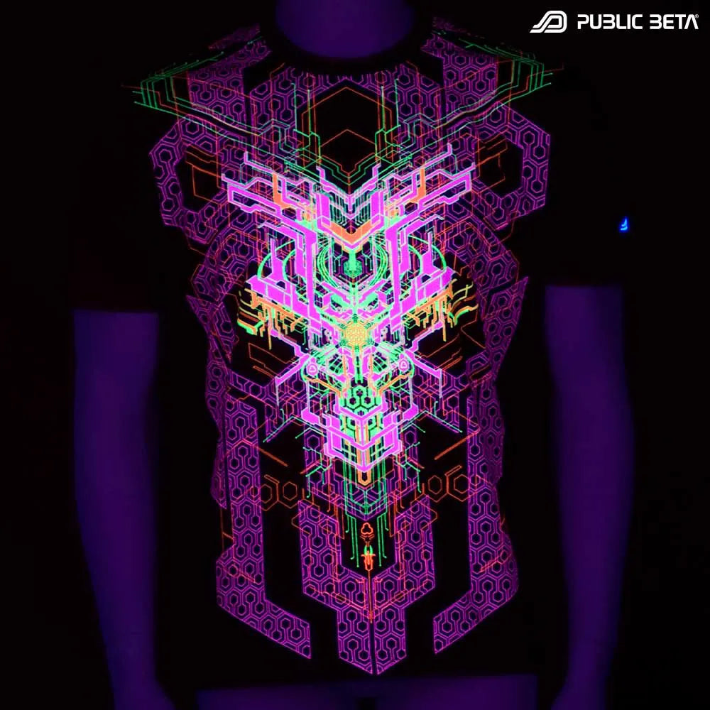 T-shirt with UV-reactive futuristic print glowing under blacklight
