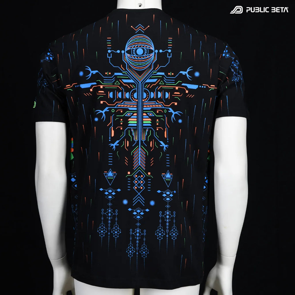 T-shirt with UV reactive psychedelic art print photographed in natural light