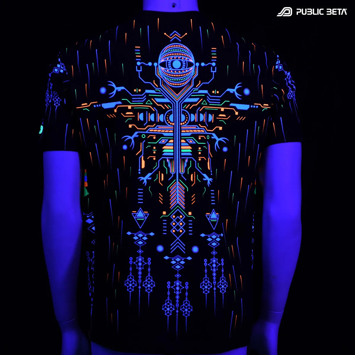 T-shirt with UV reactive psychedelic art print glowing under blacklight