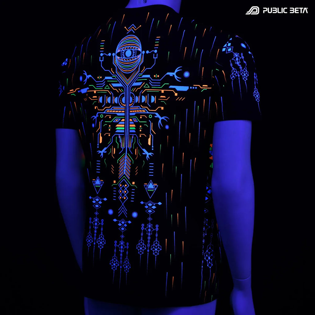 T-shirt with UV reactive psychedelic art print glowing under blacklight
