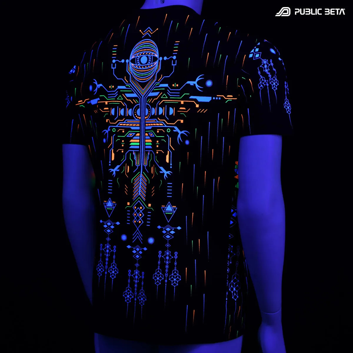 T-shirt with UV reactive psychedelic art print glowing under blacklight