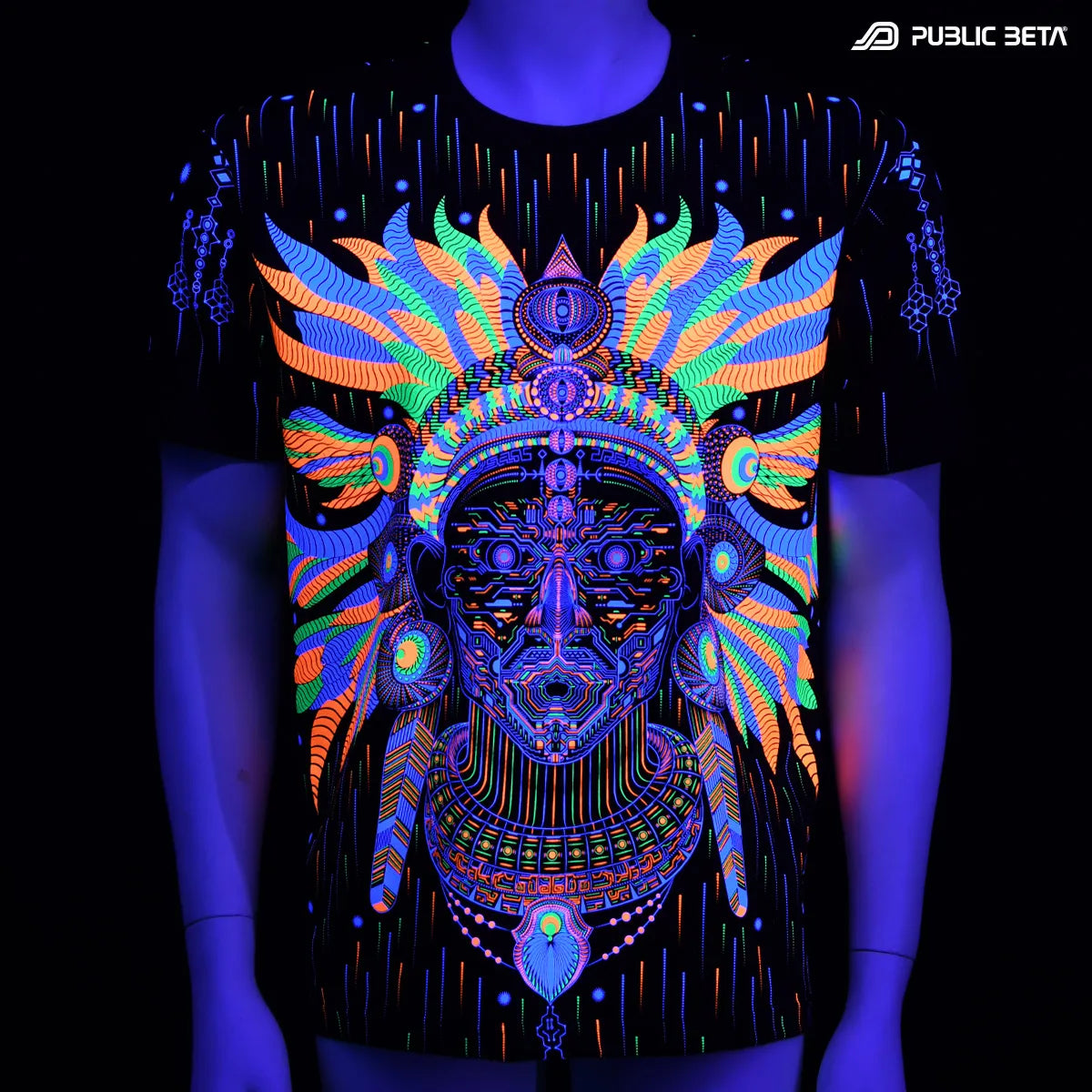 T-shirt with UV reactive psychedelic art print glowing under blacklight