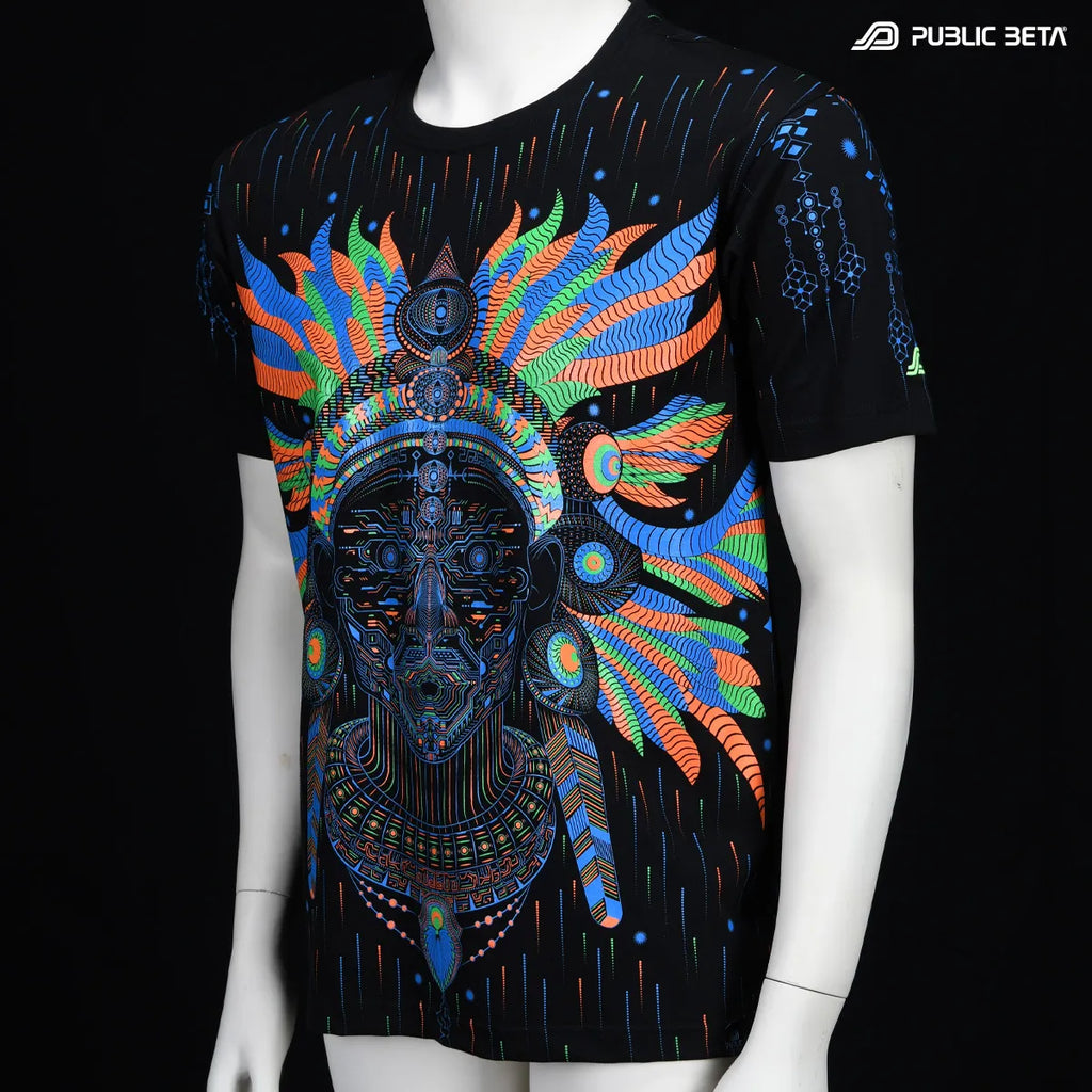 T-shirt with UV reactive psychedelic art print photographed in natural light
