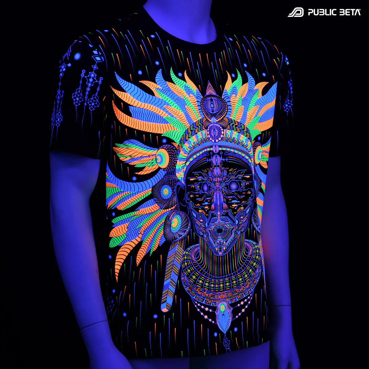 T-shirt with UV reactive psychedelic art print glowing under blacklight