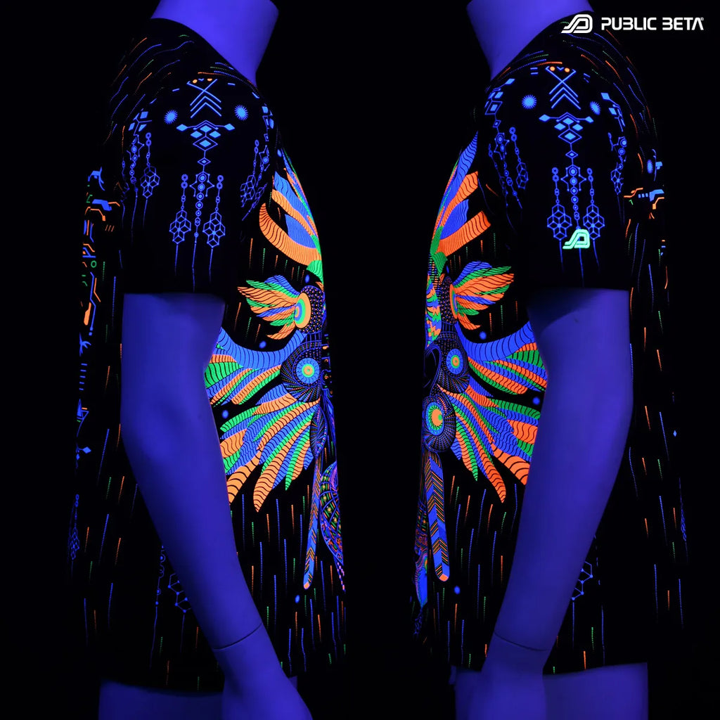 T-shirt with UV reactive psychedelic art print glowing under blacklight