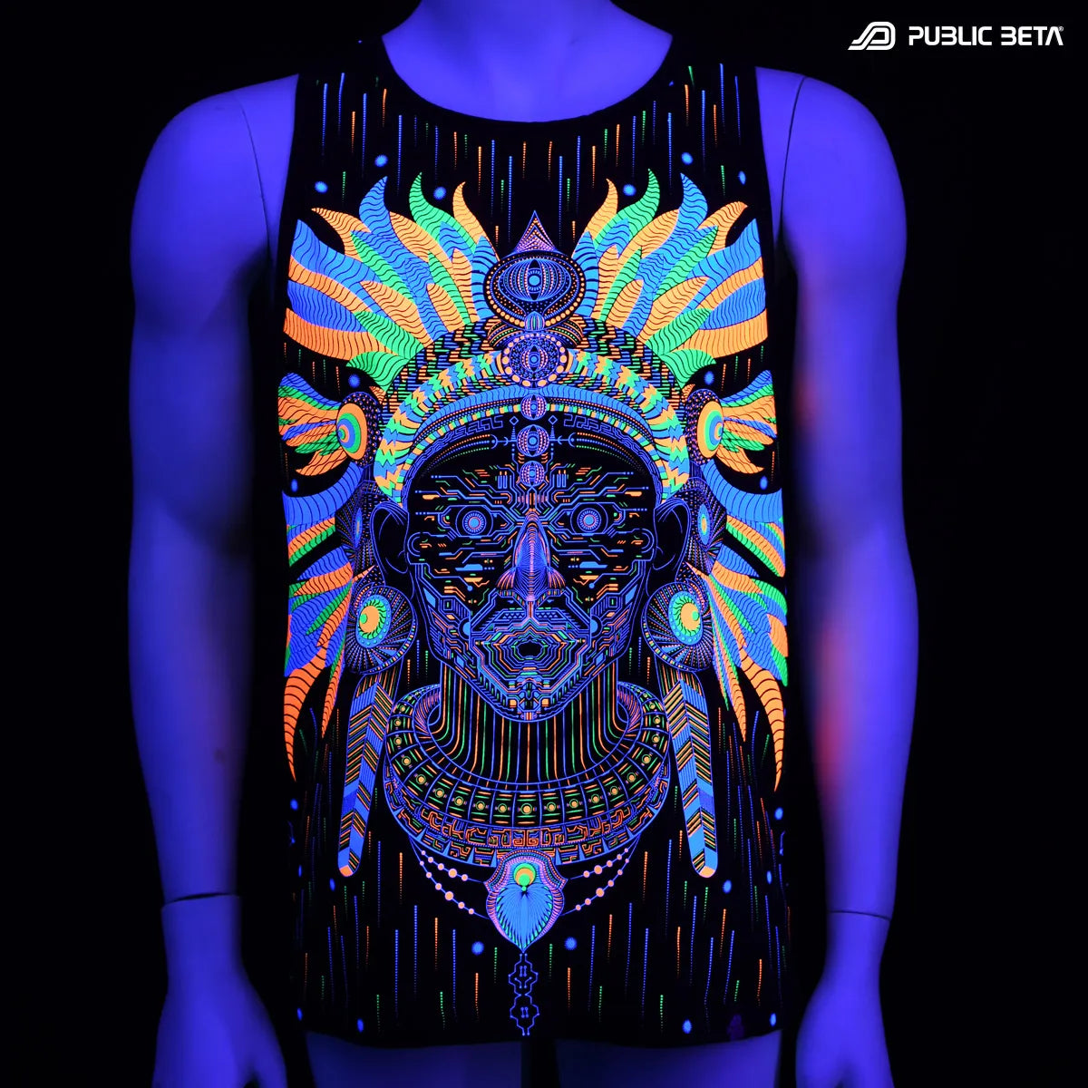 T-shirt with UV reactive psychedelic art print glowing under blacklight