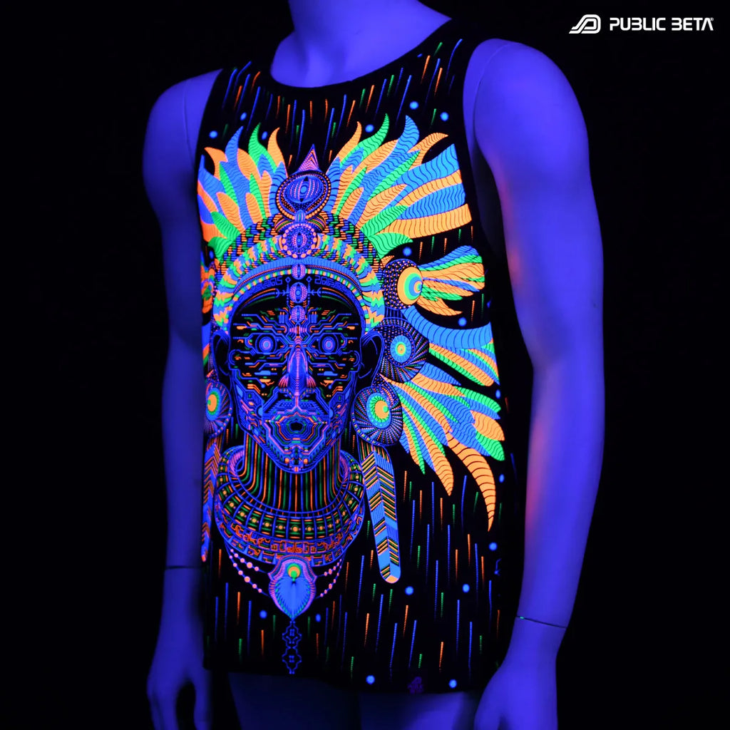 T-shirt with UV reactive psychedelic art print glowing under blacklight