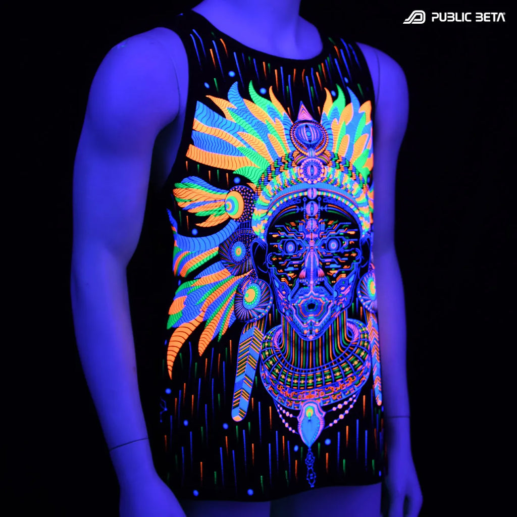 T-shirt with UV reactive psychedelic art print glowing under blacklight