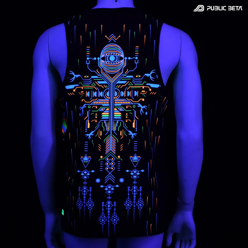 T-shirt with UV reactive psychedelic art print glowing under blacklight