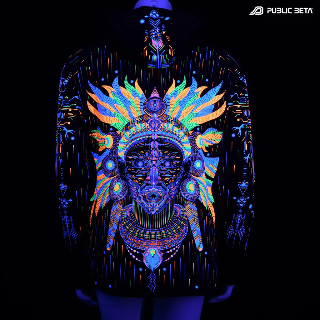 Hooded Sweater with UV reactive printed graphics glowing under blacklight