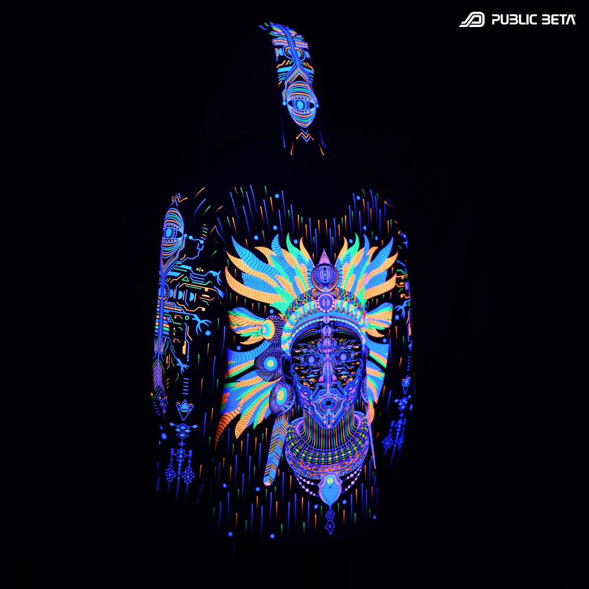 Hooded Sweater with UV reactive printed graphics glowing under blacklight