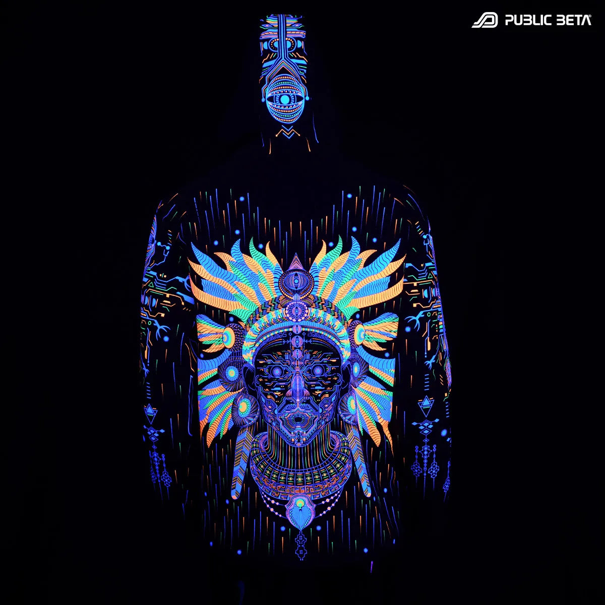 Hooded Sweater with UV reactive printed graphics glowing under blacklight