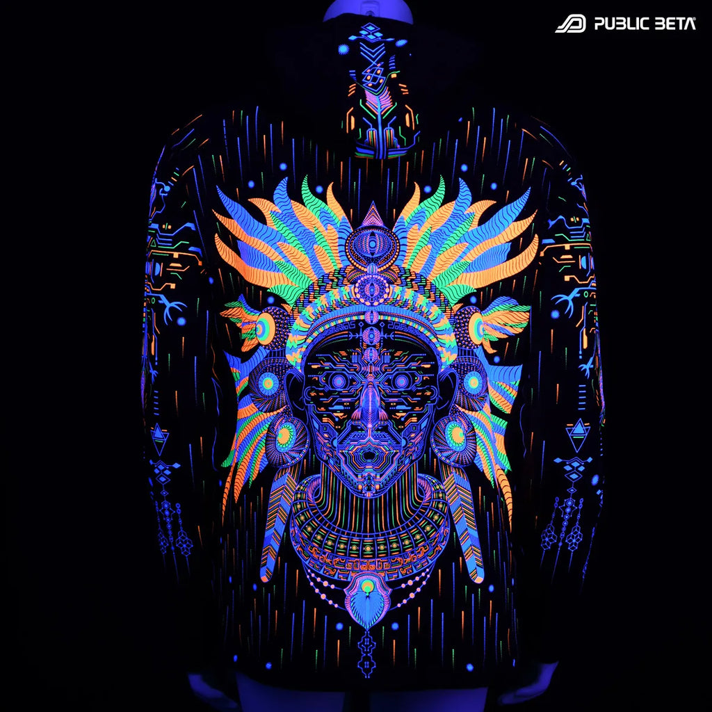 Hooded Sweater with UV reactive printed graphics glowing under blacklight