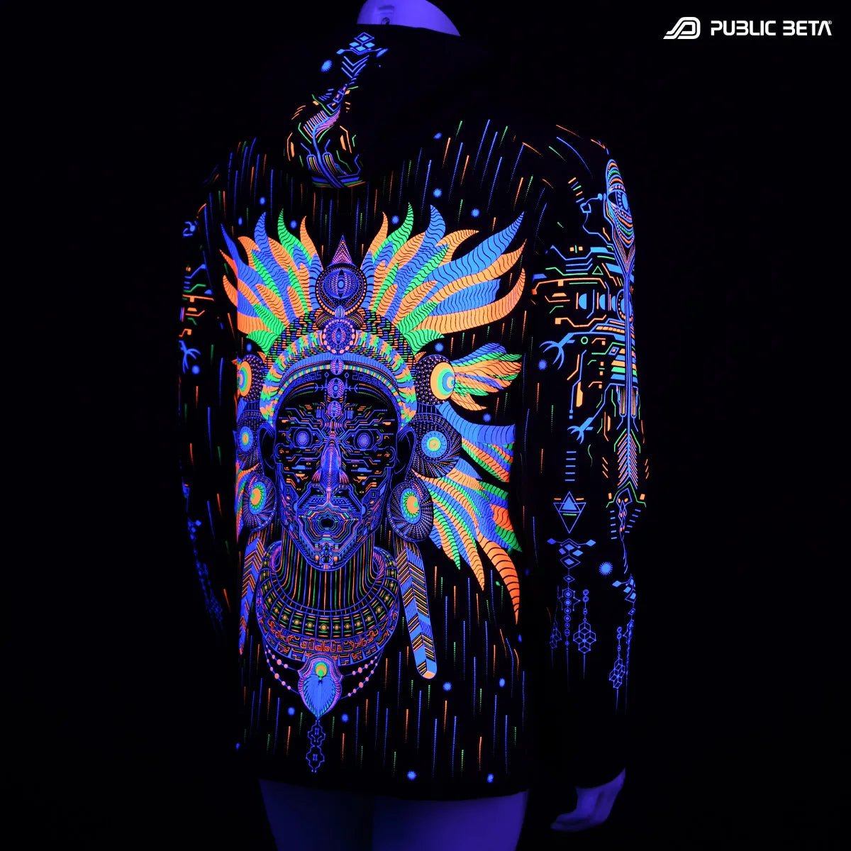 Hooded Sweater with UV reactive printed graphics glowing under blacklight