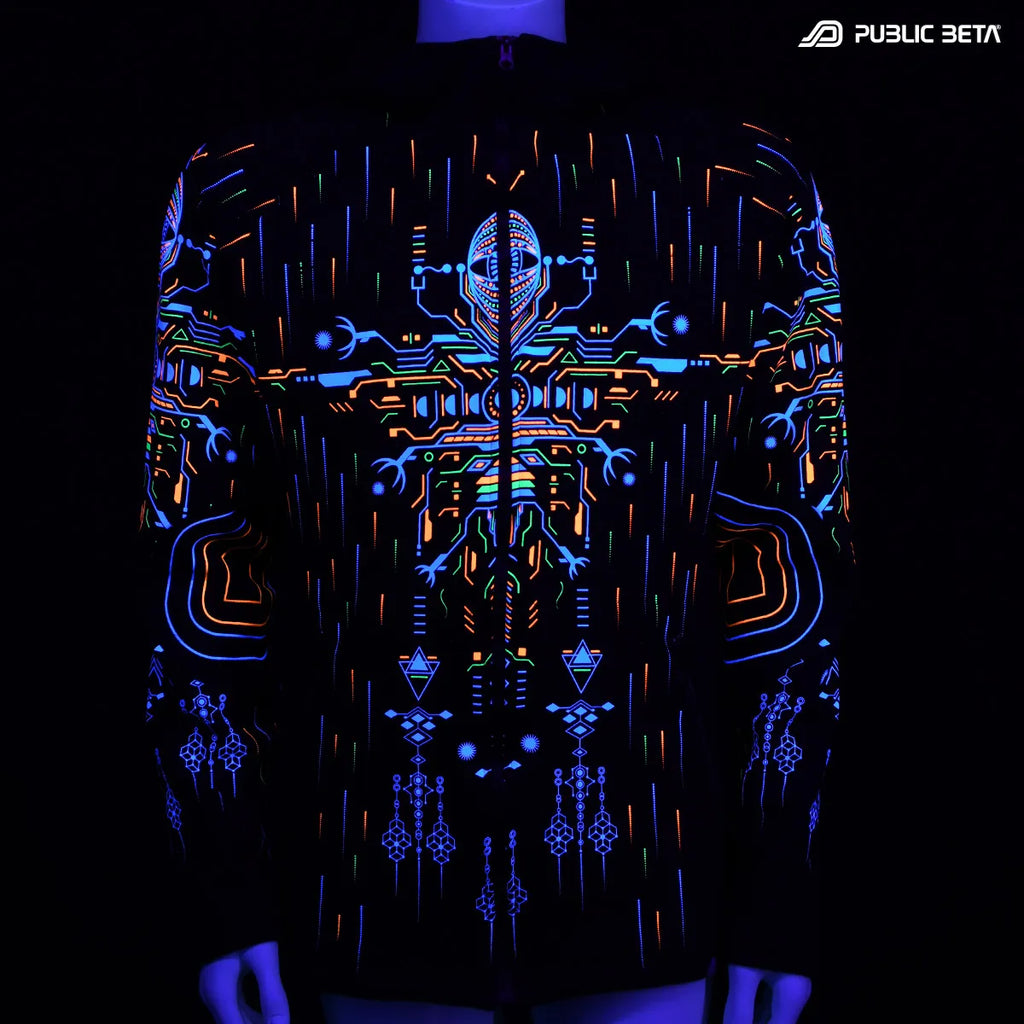 Hooded Sweater with UV reactive printed graphics glowing under blacklight