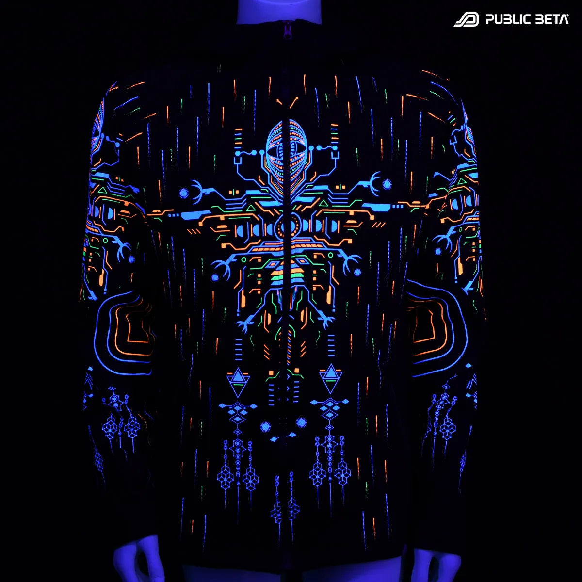Hooded Sweater with UV reactive printed graphics glowing under blacklight