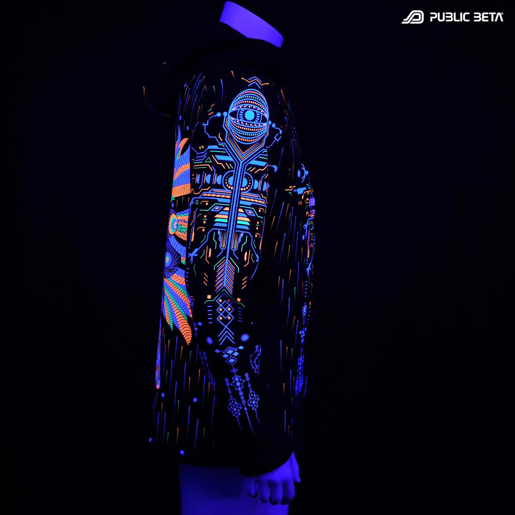 Hooded Sweater with UV reactive printed graphics glowing under blacklight
