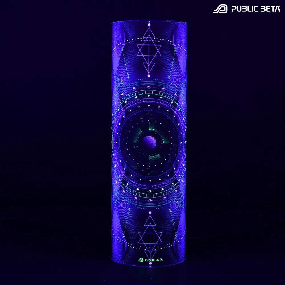 Tube scarfwith geometric UV-reactive graphics glowing under blacklight