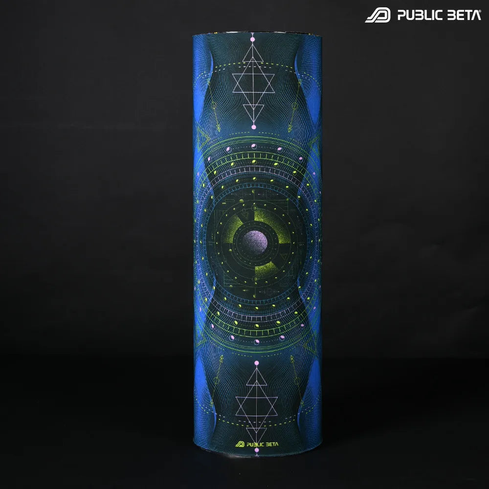 Tube scarf with geometric UV-reactive graphics, photographed in natural light
