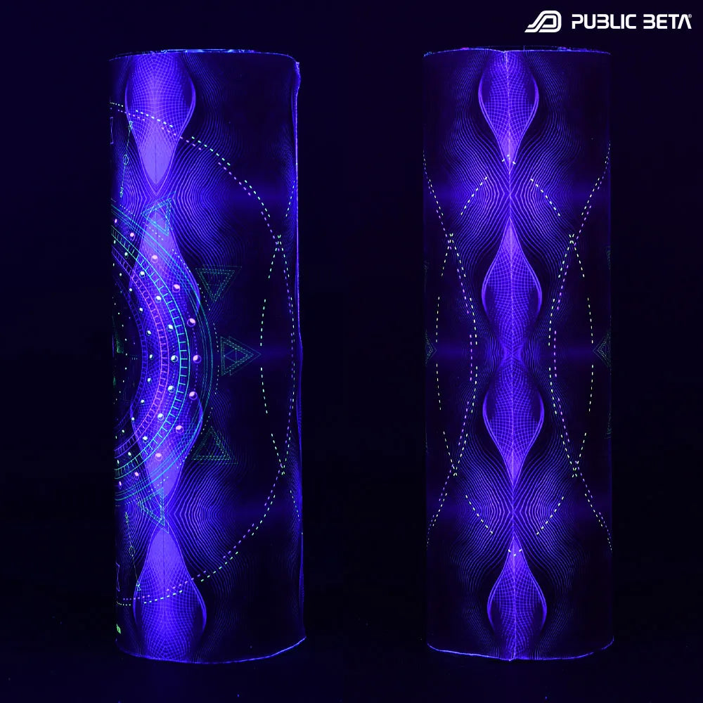 Tube scarfwith geometric UV-reactive graphics glowing under blacklight