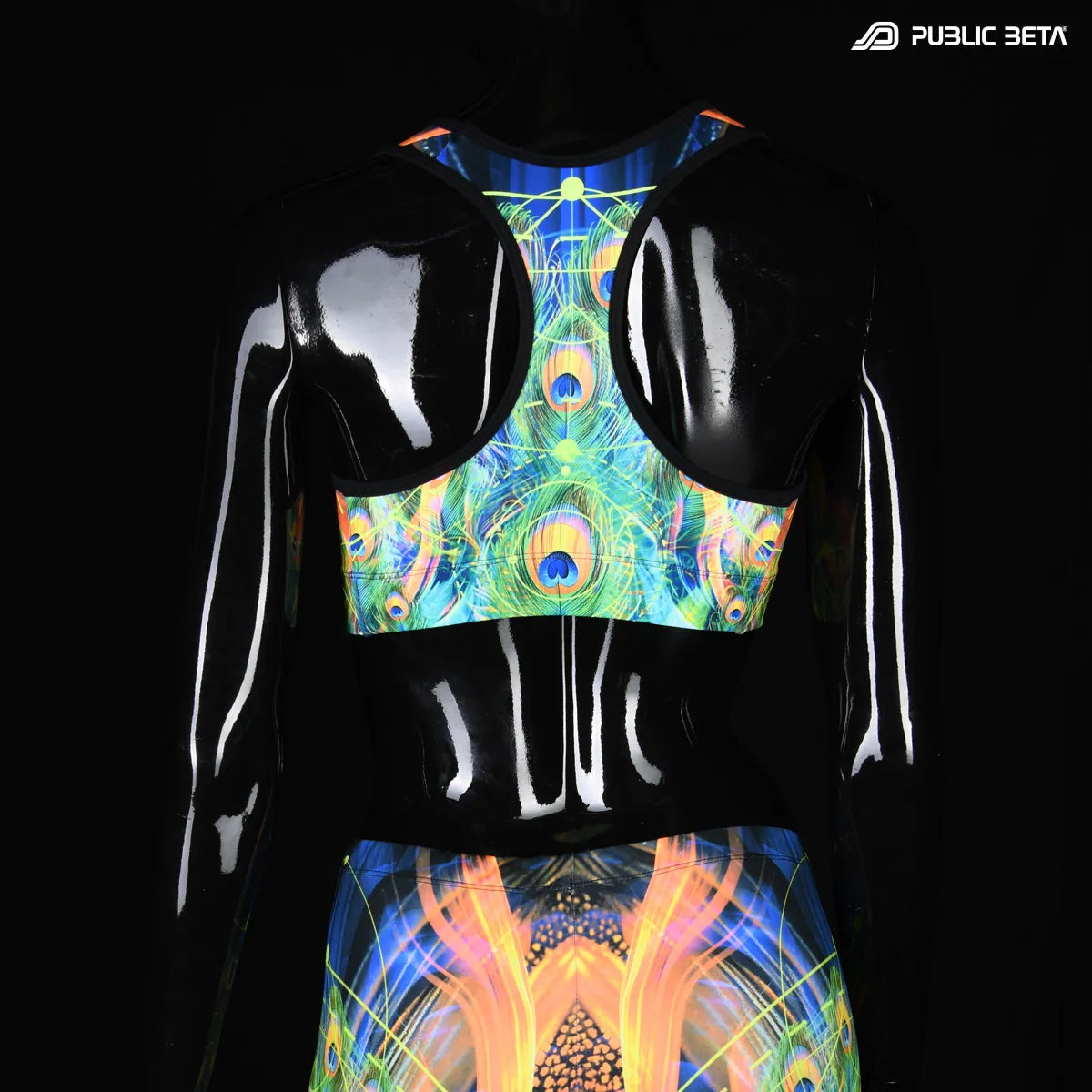 Sports bra with UV reactive print