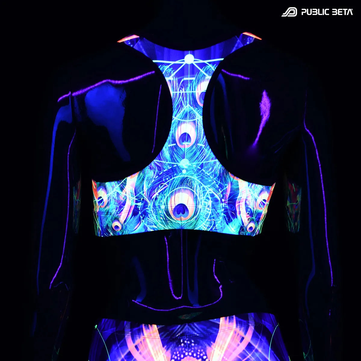 Sports bra with UV reactive print glowing under blacklight