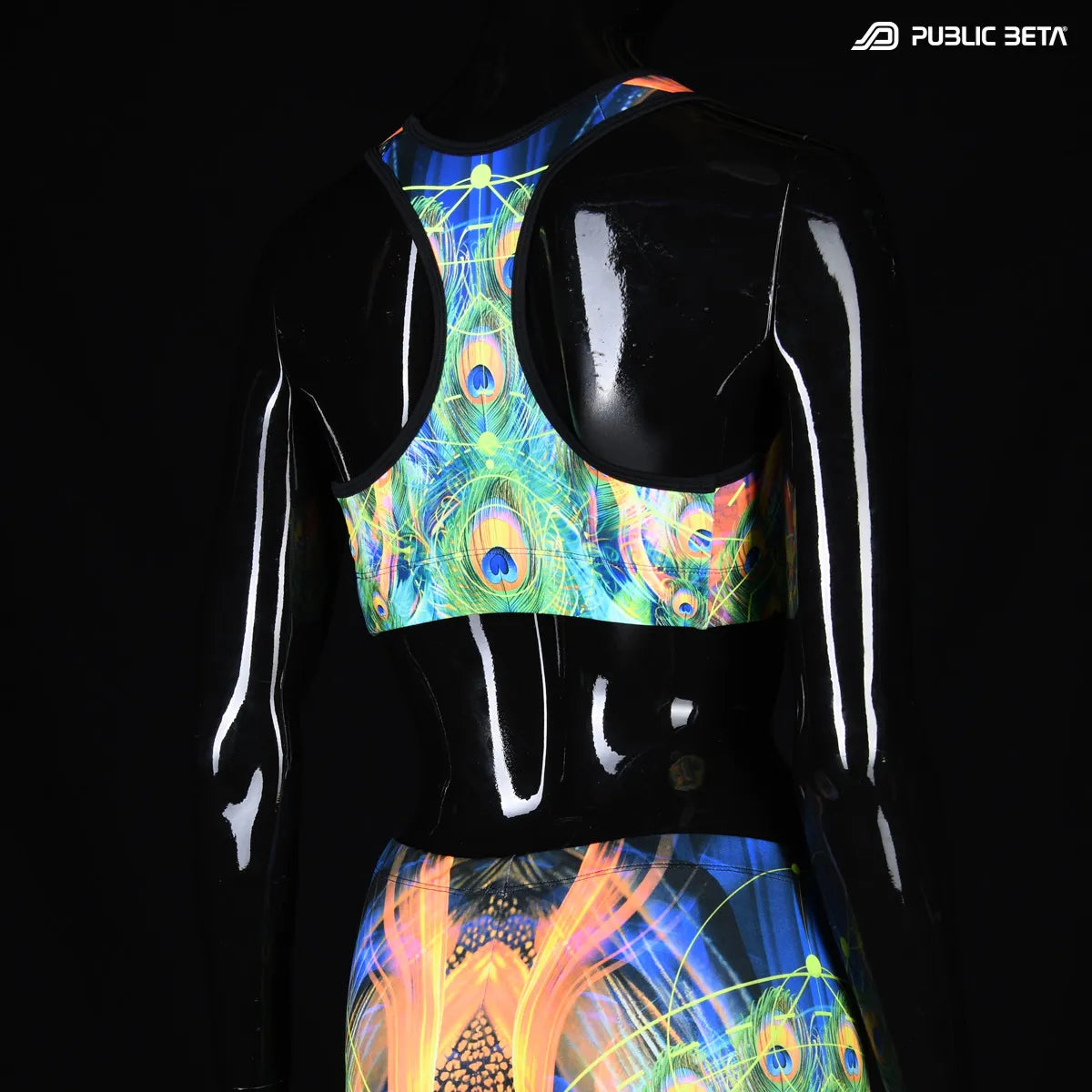 Sports bra with UV reactive print