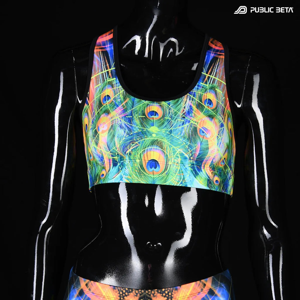 Sports bra with UV reactive print