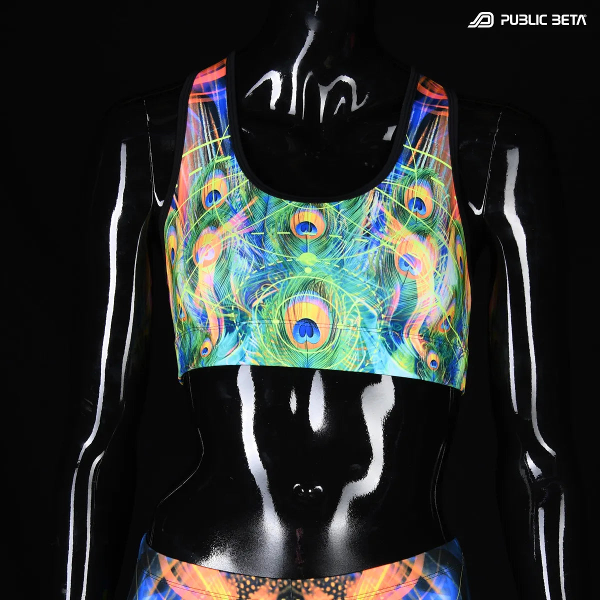 Sports bra with UV reactive print