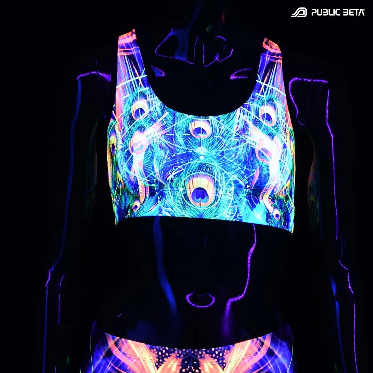Sports bra with UV reactive print glowing under blacklight