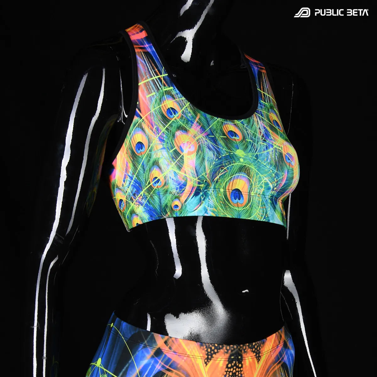 Sports bra with UV reactive print