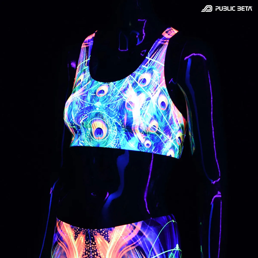 Sports bra with UV reactive print glowing under blacklight