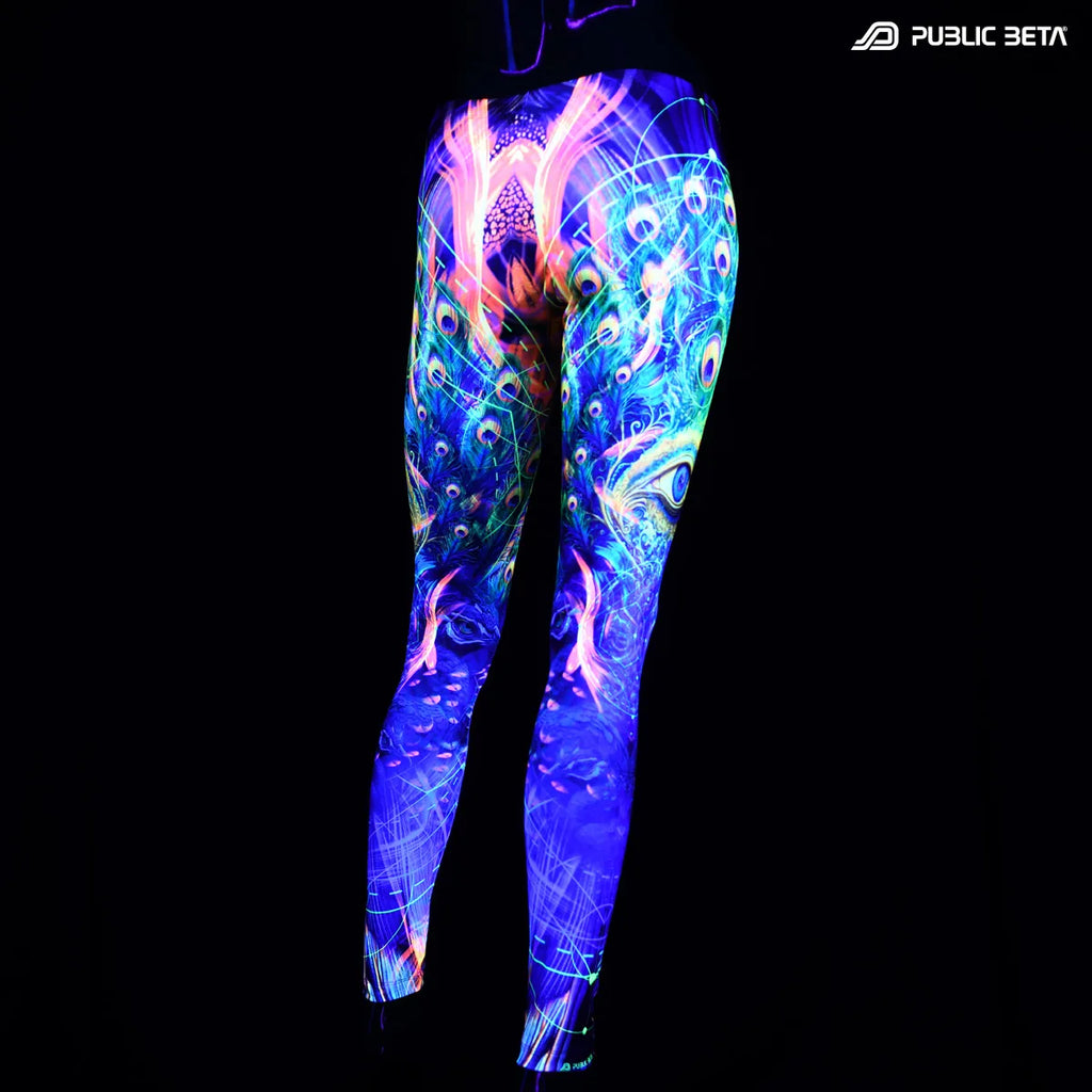 Leggings with uv reactive art print glowing under blacklight