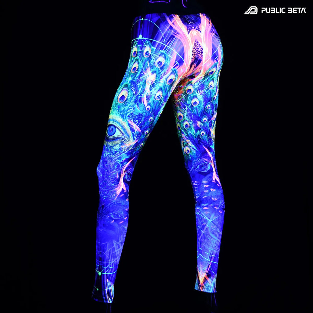 Leggings with uv reactive art print glowing under blacklight