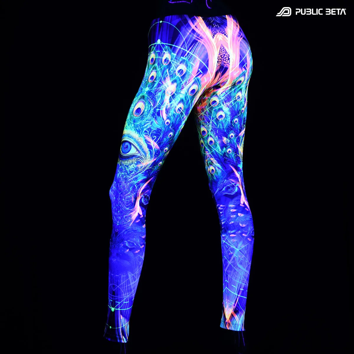 Leggings with uv reactive art print glowing under blacklight