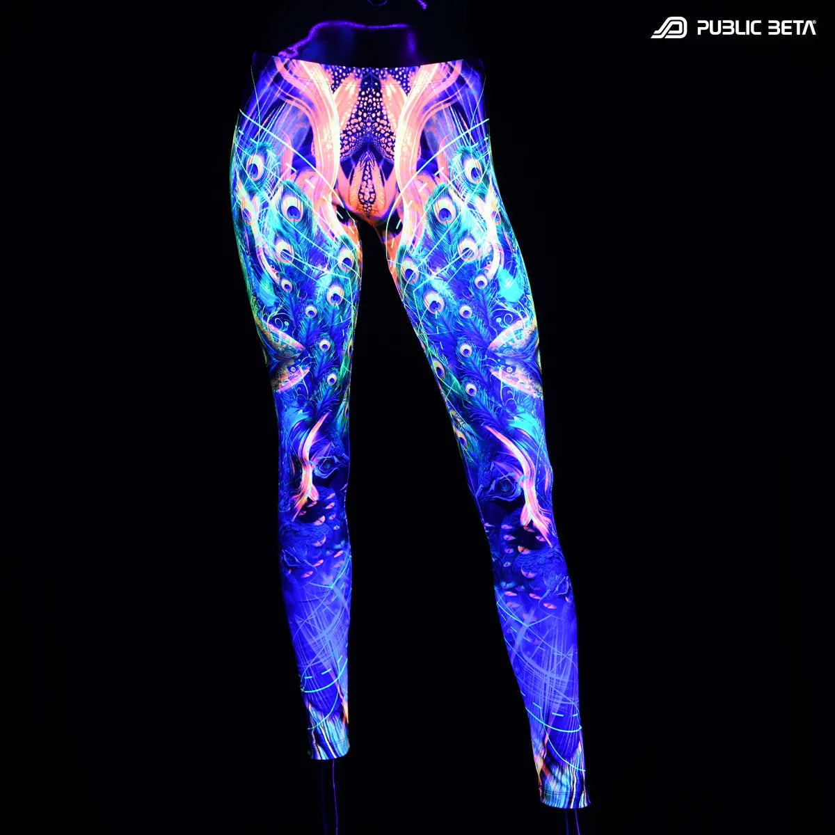 Leggings with uv reactive art print glowing under blacklight
