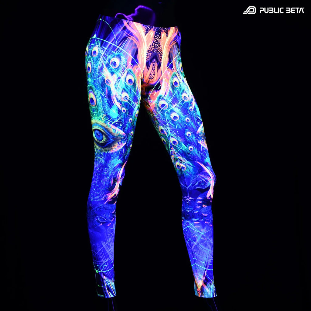 Leggings with uv reactive art print glowing under blacklight