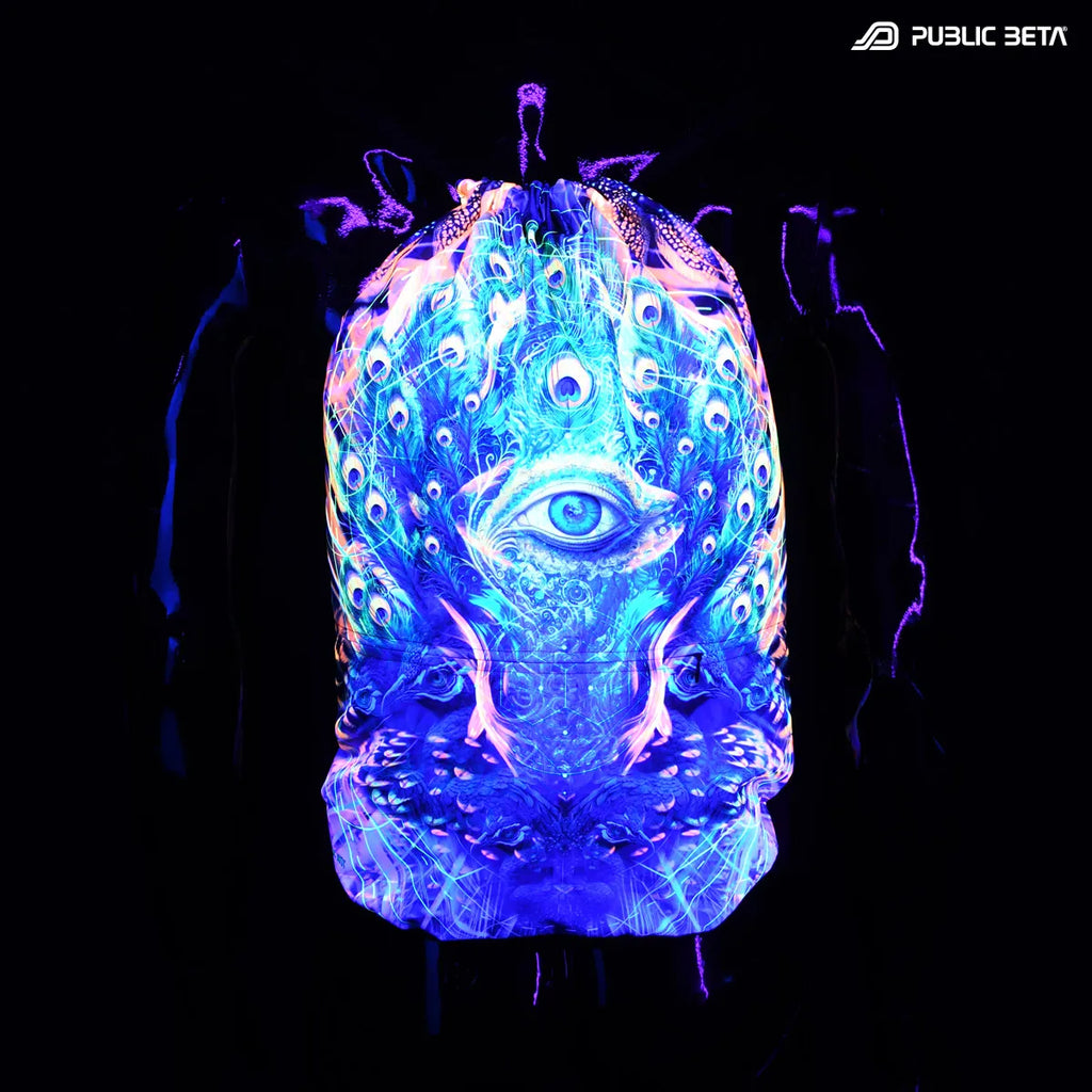 D202 Being Drawstring bag with UV-reactive psychedelic art graphics glowing under blacklight