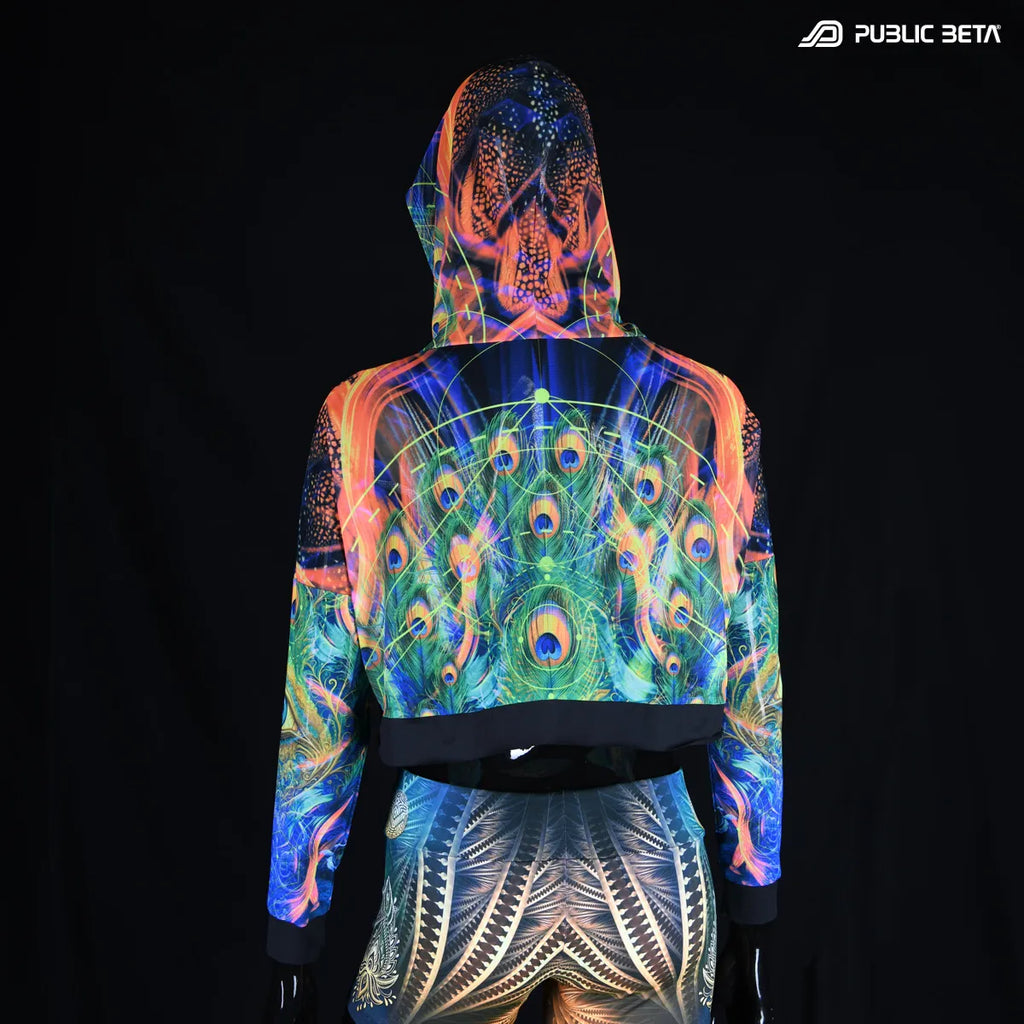 Hooded mesh top with uv reactive psychedelic art print in natural light